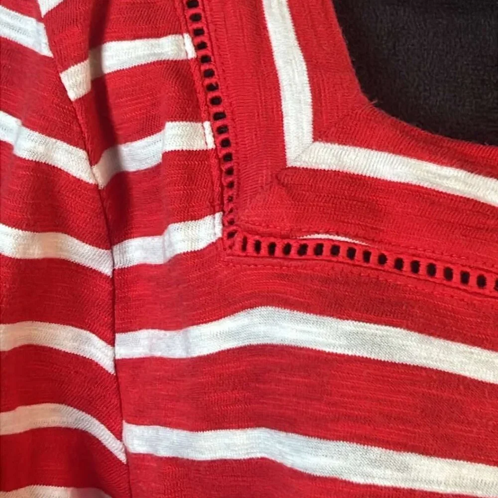 Talbots Cotton Top Red White Striped Square Neck Lattice Detail Sz L 3/4 Sleeves